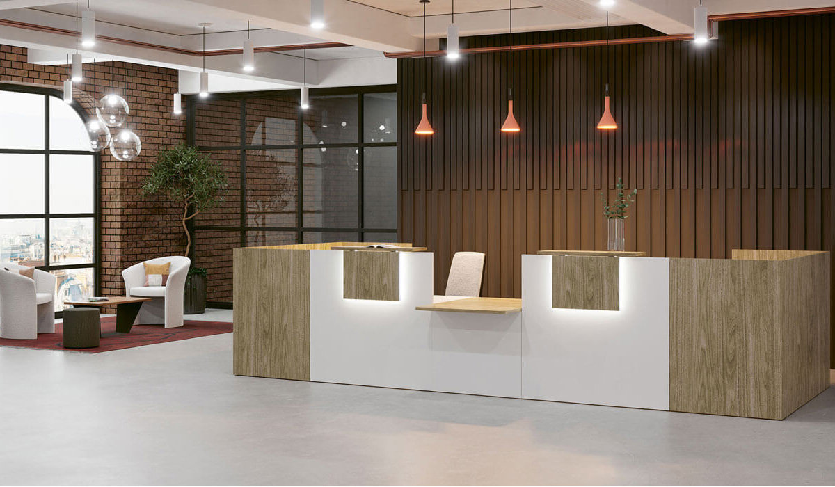 Banque d'accueil bois et blanc, aménagement Feng Shui - IPB Office Solutions
